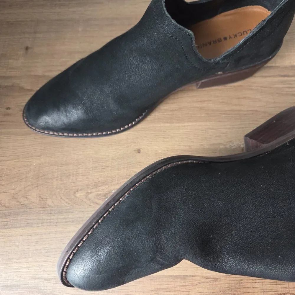 LIKE NEW LUCKY BRAND FITINA BLACK LEATHER ALMOND TOE ANKLE BOOTIES SIZE 9.5 WMNS